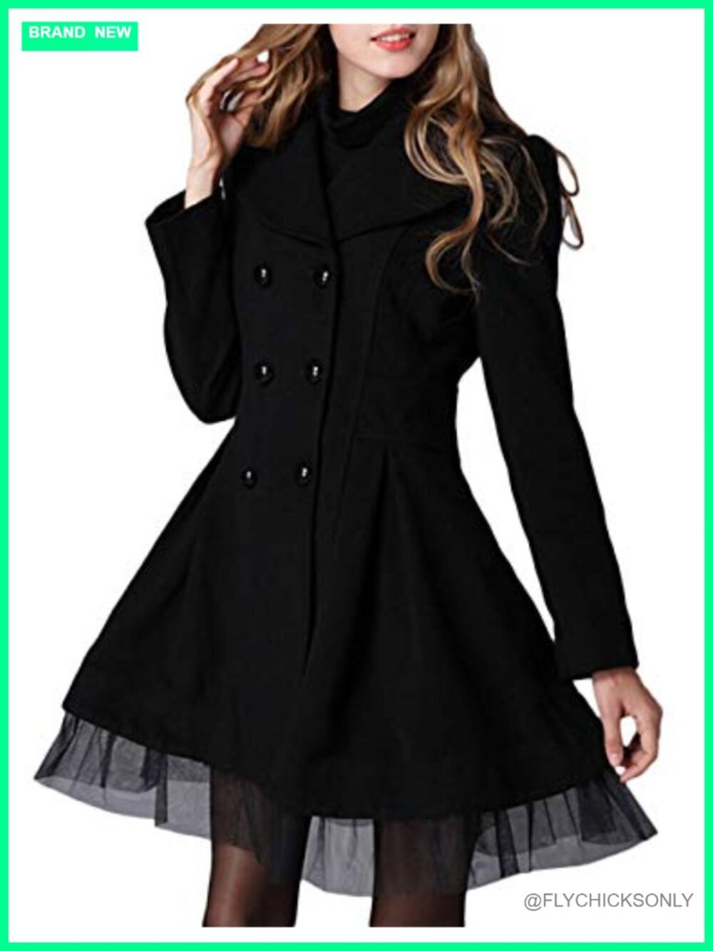 Womens Wool Blend Pea Coat Double Breasted Mesh Hem Skirted Overcoat